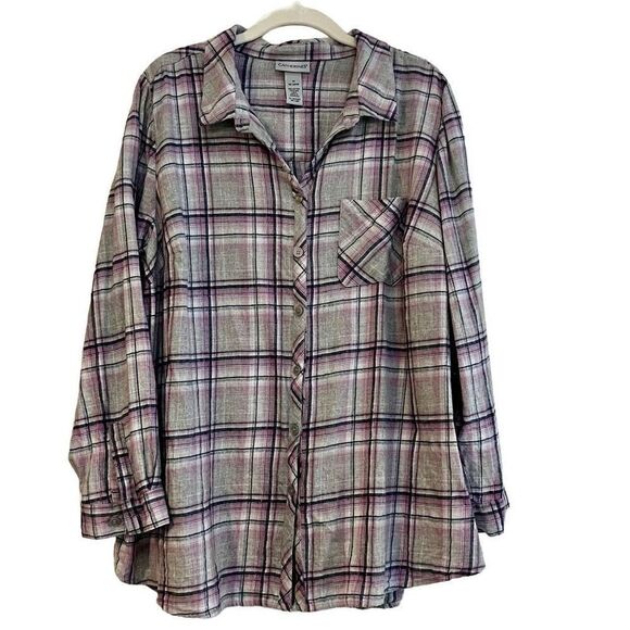 Catherines Gray Pink Plaid Button Up Metallic Thread Thread Top 1X (18/22W) - Picture 1 of 9